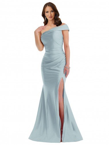 Bias-Cuff One Shoulder Formal Silky Satin Mermaid Bridesmaid Dress / Prom Dress with Side Slit Essex