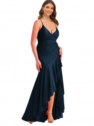 Pleated Wrap Ruffled High Low Formal Silky Satin Bridesmaid Dress / Prom Dress Essex