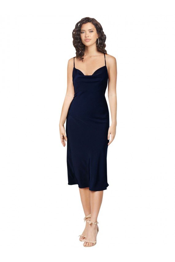 Short Cocktail Midi Length Formal Silky Satin Bridesmaid Dress / Prom Dress with Cowl Neck and Cross Back Straps Essex