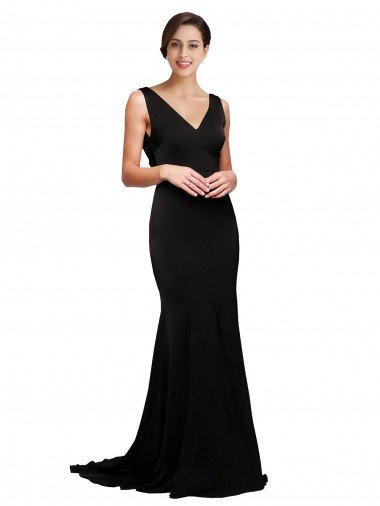 V-Neck Full Length Formal Silky Satin Bridesmaid Dress / Prom Dress with Soft Cowl Neck and Sweep Train Essex