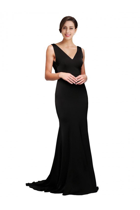 V-Neck Full Length Formal Silky Satin Bridesmaid Dress / Prom Dress with Soft Cowl Neck and Sweep Train Essex