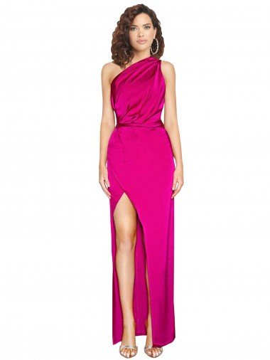 One Shoulder Long Full Length Formal Silky Satin Bridesmaid Dress / Prom Dress with Front Side Split Essex