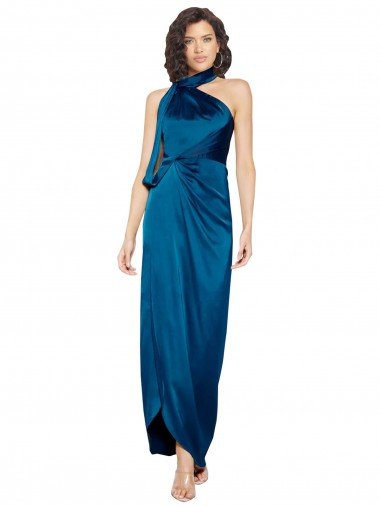High Halter Neck Formal Silky Satin Bridesmaid Dress / Prom Dress with Sash Overlay and Side Split Essex