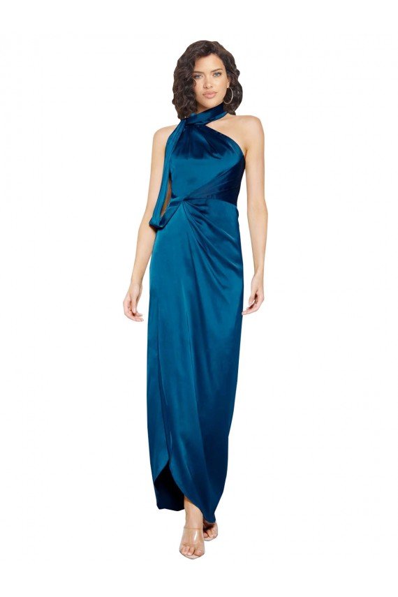 High Halter Neck Formal Silky Satin Bridesmaid Dress / Prom Dress with Sash Overlay and Side Split Essex