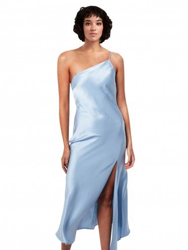 Midi Length Short Formal Silky Satin Bridesmaid Dress / Cocktail Prom Dress with Asymmetric Neckline and High Side Split Essex