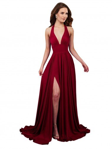 A-Line Halter Plunge V-Neckline Open Back Formal Spandex Bridesmaid Dress / Prom Dress with Slit Essex