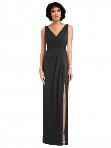Draped Wrap Formal Maxi Spandex Bridesmaid Dress / Prom Dress with Front Slit Essex