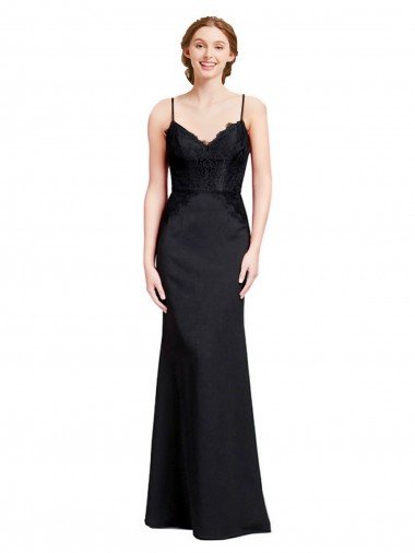 Long Chiffon Bridesmaid Dress / Prom Dress with Lace Bodice and Curved V-Neckline Essex