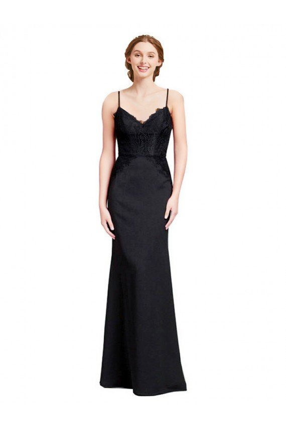 Long Chiffon Bridesmaid Dress / Prom Dress with Lace Bodice and Curved V-Neckline Essex