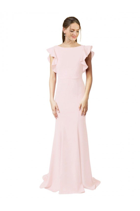 Low V-Back Long Mermaid Crepe Bridesmaid Dress / Prom Dress with Ruffled Sleeves Essex