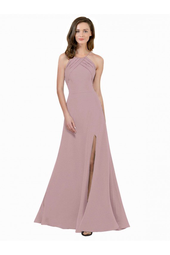 High Neck Crepe Bridesmaid Dress / Prom Dress with Pleats and Keyhole Back Essex