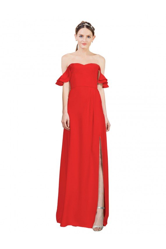 Double Ruffle Flounce Sleeves Formal Crepe Bridesmaid Dress / Prom Dress with Slit Essex