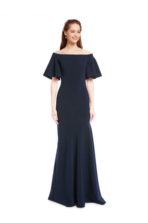 Off the Shoulder Formal Crepe Bridesmaid Dress / Prom Dress with Short Ruffle Sleeves. Essex