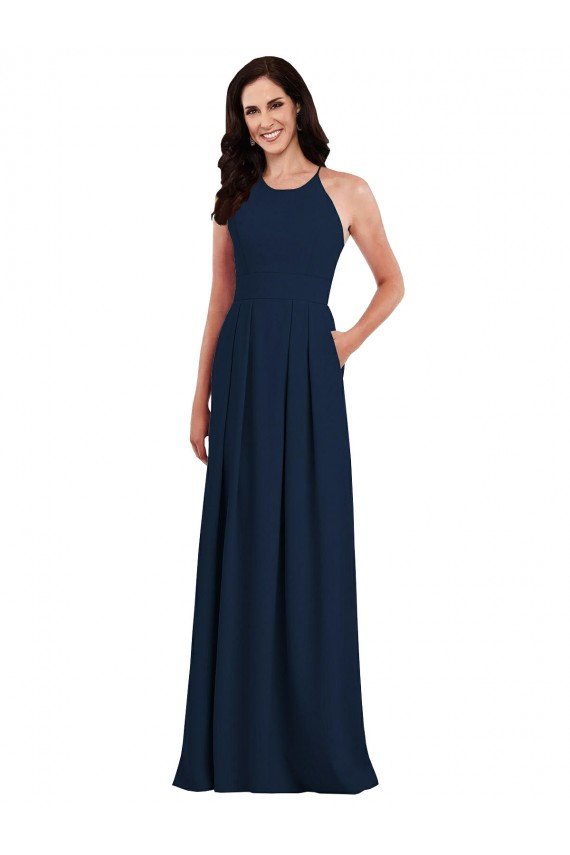 Criss Cross Back Crepe Halter Bridesmaid Dress with Pockets Essex