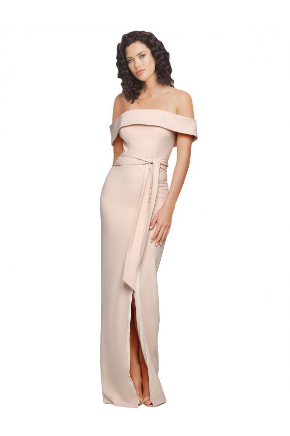 Off the Shoulder Long Formal Crepe Bridesmaid Dress / Prom Dress with Waist Tie and Slit Essex