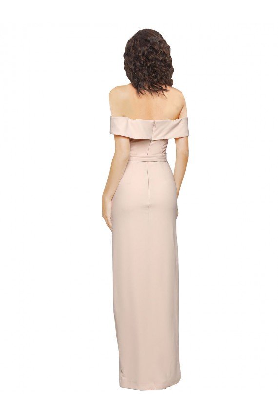Off the Shoulder Long Formal Crepe Bridesmaid Dress / Prom Dress with Waist Tie and Slit Essex