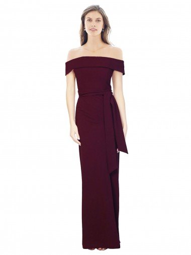 Off the Shoulder Long Formal Crepe Bridesmaid Dress / Prom Dress with Waist Tie Essex