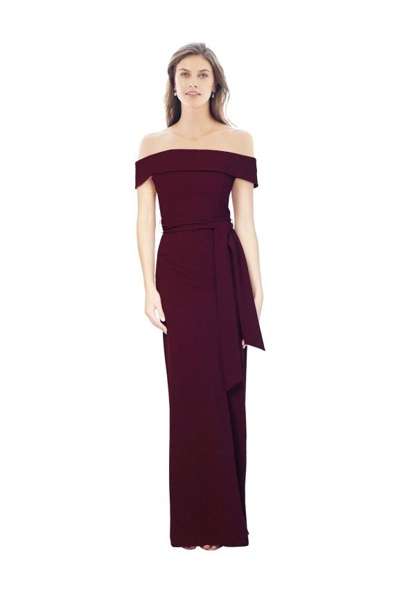Off the Shoulder Long Formal Crepe Bridesmaid Dress / Prom Dress with Waist Tie Essex