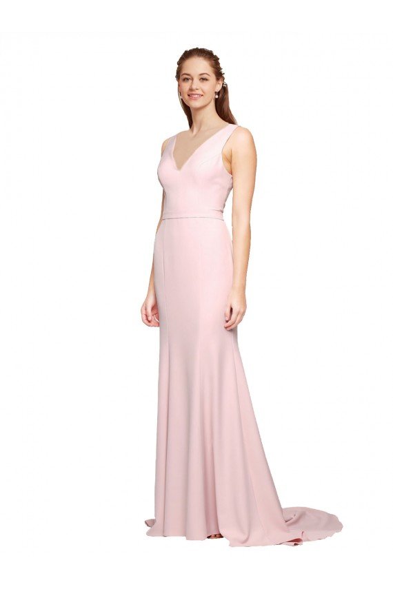 Deep V-Neckline and Back Long Sweep Train Crepe Bridesmaid Dress / Prom Dress with Shoulder Straps Essex