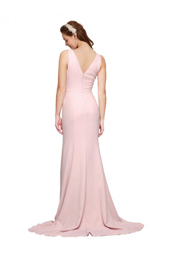 Deep V-Neckline and Back Long Sweep Train Crepe Bridesmaid Dress / Prom Dress with Shoulder Straps Essex