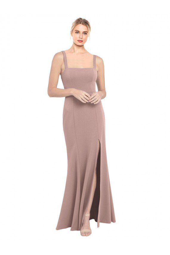 Square Neck Fit and Flare Long Stretch Crepe Bridesmaid Dress / Prom Dress with Side Slit Essex