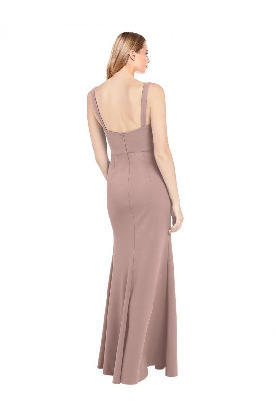 Square Neck Fit and Flare Long Stretch Crepe Bridesmaid Dress / Prom Dress with Side Slit Essex