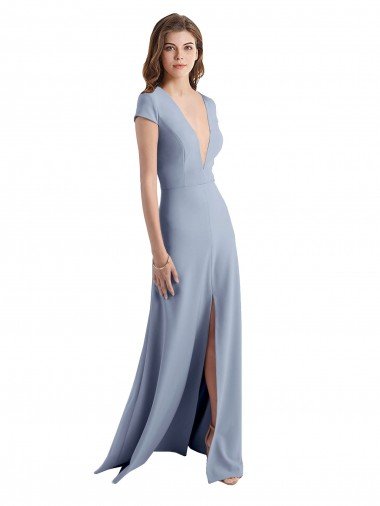 Plunging V-Neck Cap Sleeves Stretch Crepe Bridesmaid Dress / Prom Dress with Front Slit Essex
