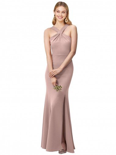 Long Floor Length High Neck Fit and Flare Stretch Crepe Bridesmaid Dress / Prom Dress with Side Slit Essex