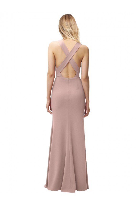 Long Floor Length High Neck Fit and Flare Stretch Crepe Bridesmaid Dress / Prom Dress with Side Slit Essex
