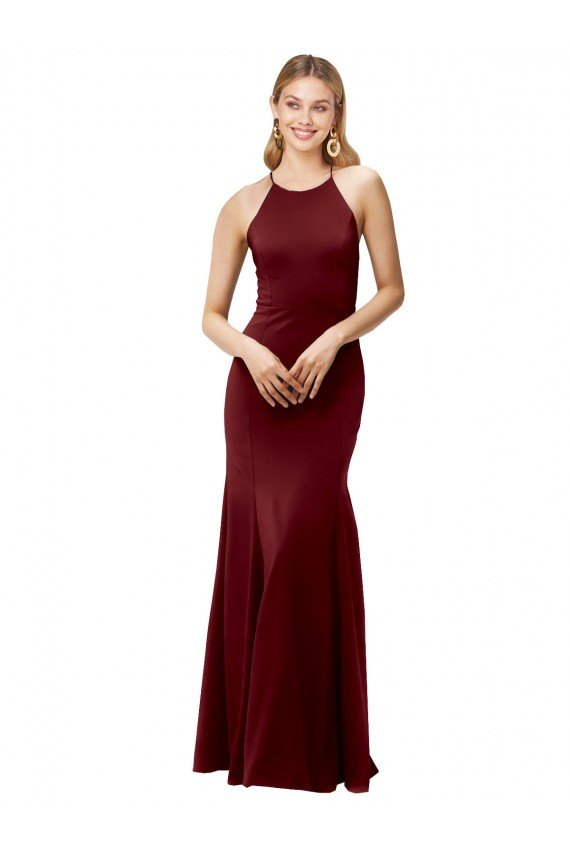 Fit and Flare Halter Neckline Stretch Formal Crepe Bridesmaid Dress / Prom Dress with Strappy Back Essex