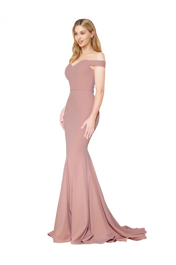 Off the Shoulder Sweetheart Long Sweep Train Formal Crepe Bridesmaid Dress / Prom Dress Essex