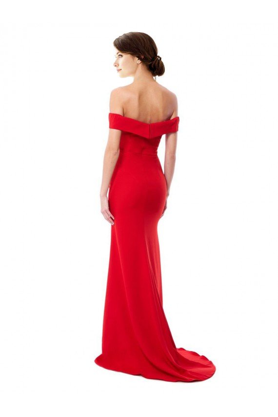 Off the Shoulder Chapel Train Formal Crepe Bridesmaid Dress / Prom Dress with Thigh-High slit Essex
