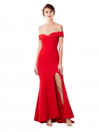 Off the Shoulder Sweetheart Maxi Formal Crepe Bridesmaid Dress / Prom Dress With Thigh Split and Train Essex