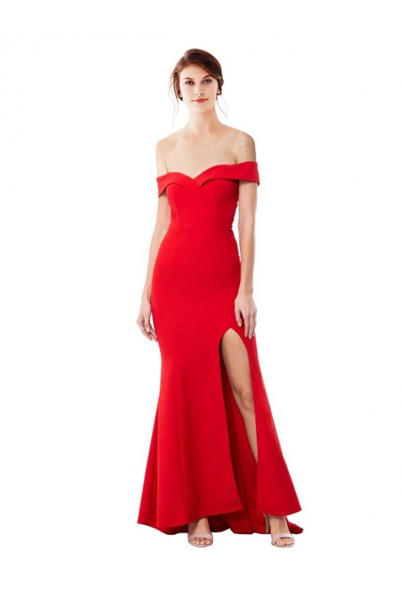 Off the Shoulder Sweetheart Maxi Formal Crepe Bridesmaid Dress / Prom Dress With Thigh Split and Train Essex