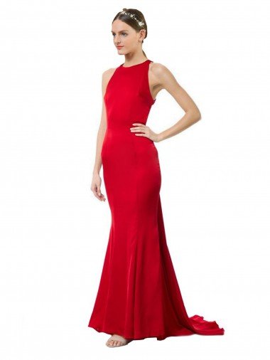 High Neck Mermaid Open Back Formal Crepe Maxi Bridesmaid Dress / Prom Dress with Train Detail Essex