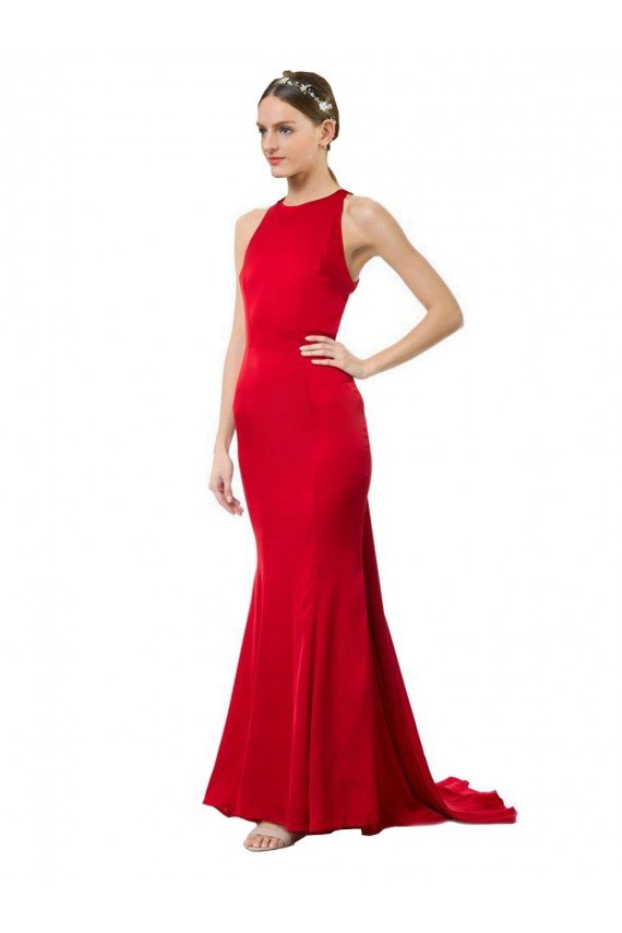 High Neck Mermaid Open Back Formal Crepe Maxi Bridesmaid Dress / Prom Dress with Train Detail Essex