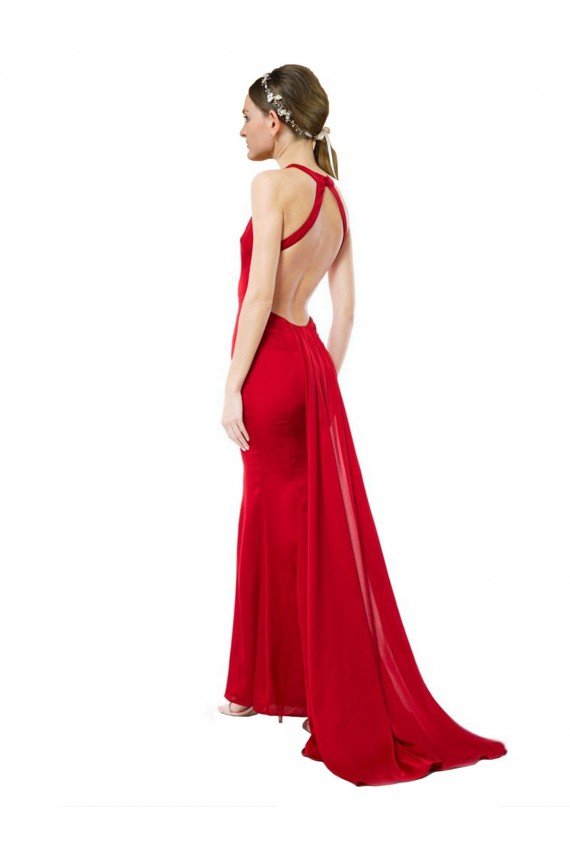 High Neck Mermaid Open Back Formal Crepe Maxi Bridesmaid Dress / Prom Dress with Train Detail Essex