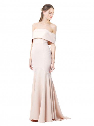 Mermaid Bardot Maxi Formal Crepe Bridesmiad Dress with Fishtail Train Essex