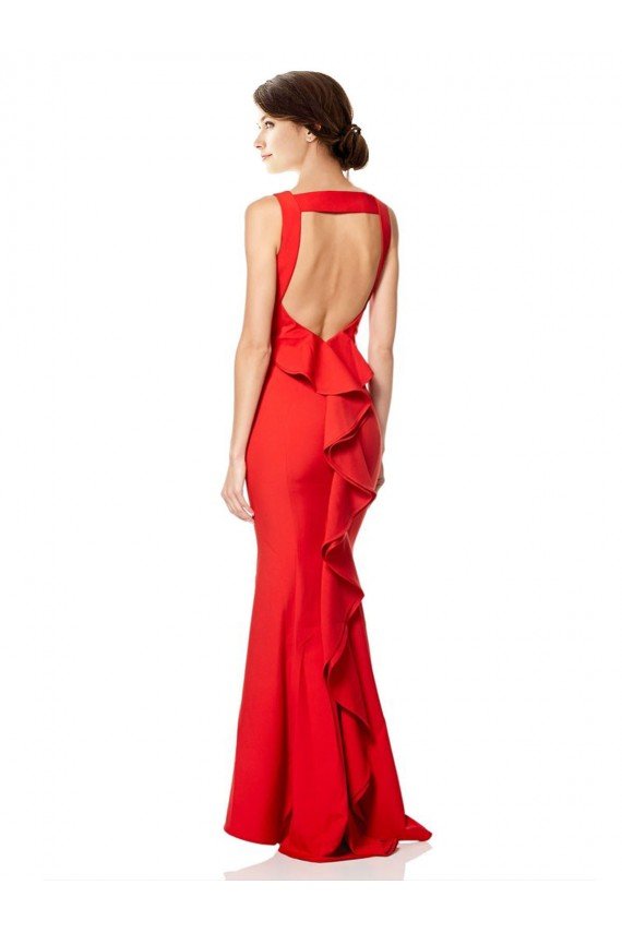 High Neck Maxi Formal Crepe Bridesmiad Dress with Exaggerated Back Ruffle Essex