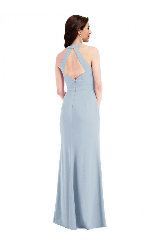 Open Back Halter Maxi Formal Crepe Bridesmaid Dress / Prom Dress with Draped Bow Essex