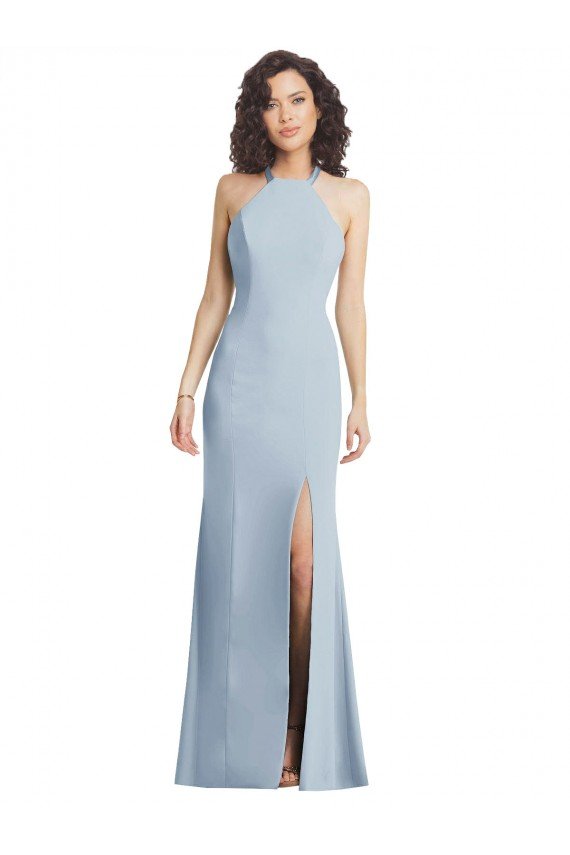 High Neck Halter Formal Crepe Bridesmaid Dress / Prom Dress with Twist Criss Cross Back Essex