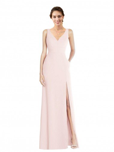 Square Neck Low Back A-Line Bridesmaid Dress / Prom Dress with Front Slit and Pockets Essex