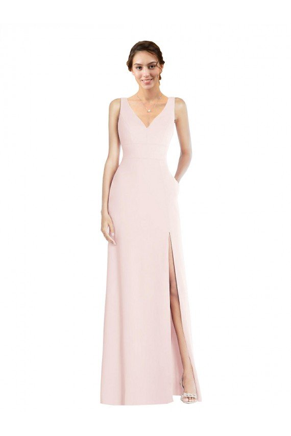 Square Neck Low Back A-Line Bridesmaid Dress / Prom Dress with Front Slit and Pockets Essex