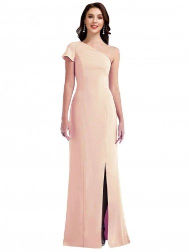 One Shoulder Cap Sleeves Trumpet Formal Crepe Bridesmaid Dress / Prom Dress with Front Slit Essex