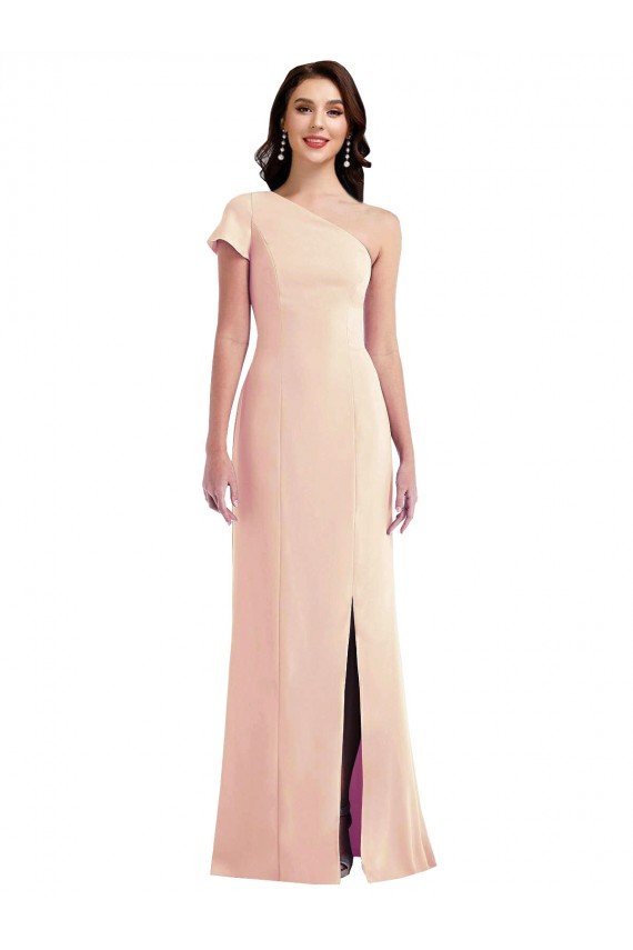 One Shoulder Cap Sleeves Trumpet Formal Crepe Bridesmaid Dress / Prom Dress with Front Slit Essex
