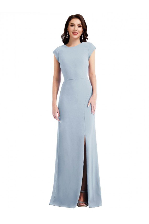 Cap Sleeve Open Back Trumpet Formal Crepe Bridesmaid Dress / Prom Dress with Front Slit Essex