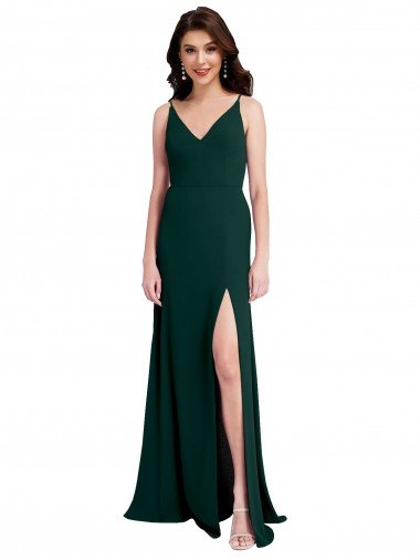 Slim A-Line V-Neck Full Length Formal Crepe Bridesmaid Dress / Prom Dress with Side Slit Essex