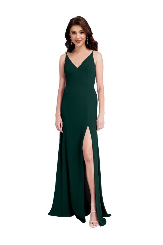 Slim A-Line V-Neck Full Length Formal Crepe Bridesmaid Dress / Prom Dress with Side Slit Essex