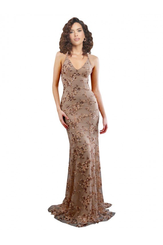 Floral Patterned Backless V-Neckline Sequin Formal Bridesmaid Dress / Prom Dress Essex