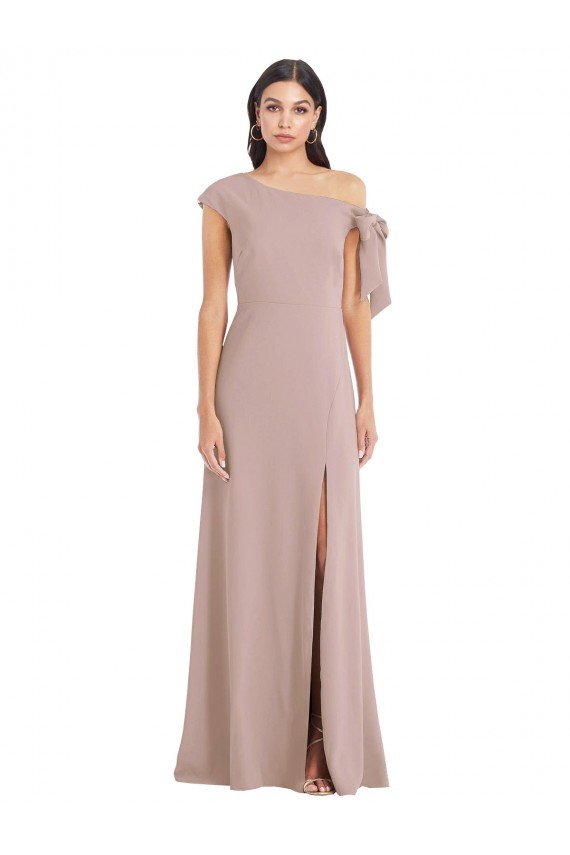 Off the Shoulder Tie Detail Maxi Formal Crepe Bridesmaid Dress / Prom Dress with Front Slit Essex